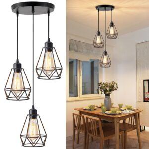 yxth 3-light pendant light fixtures, farmhouse hanging pendant lighting, adjustable industrial kitchen island hanging light fixture, black metal cage pendant ceiling lamp for kitchen dining room