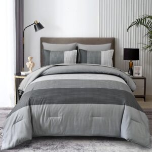 grey queen comforter set 7 pieces, ombre striped bed in a bag queen with sheet sheet, all season boho patchwork down alternative comforter bedding set