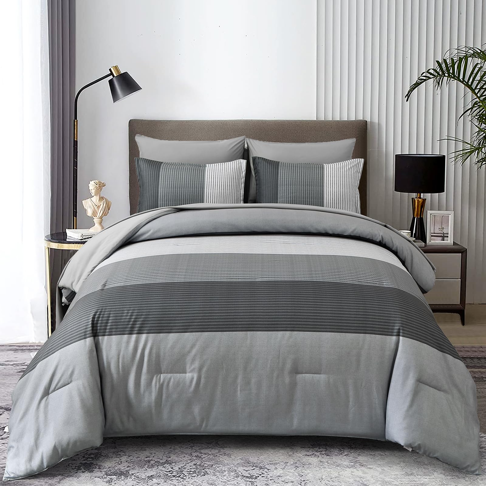 Grey Queen Comforter Set 7 Pieces, Ombre Striped Bed in a Bag Queen with Sheet Sheet, All Season Boho Patchwork Down Alternative Comforter Bedding Set