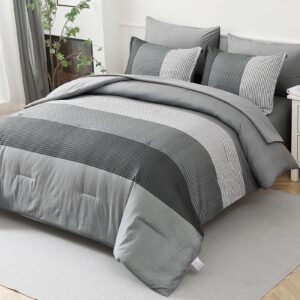 Grey Queen Comforter Set 7 Pieces, Ombre Striped Bed in a Bag Queen with Sheet Sheet, All Season Boho Patchwork Down Alternative Comforter Bedding Set