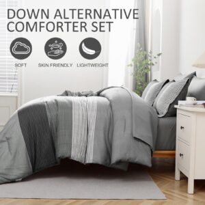 Grey Queen Comforter Set 7 Pieces, Ombre Striped Bed in a Bag Queen with Sheet Sheet, All Season Boho Patchwork Down Alternative Comforter Bedding Set