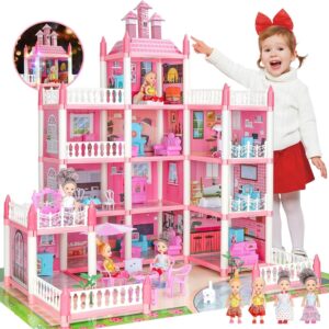 LUYE 4 Stories Dollhouse for Girls 2 3 4 5 6 7 8 Year Old - Huge Doll House w/ 4 Dolls Figure with Furniture, Accessories, LED Light, Princess Dream House Toys Gift for Toddler Kids 3+, Pink