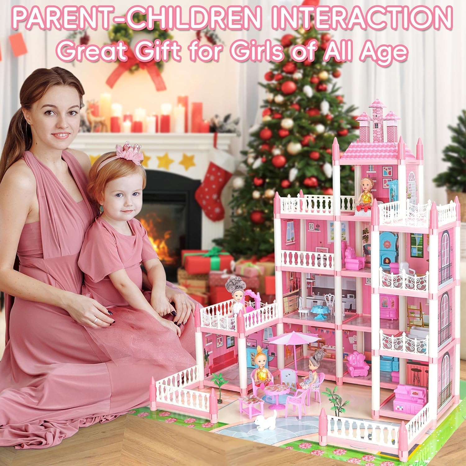 LUYE 4 Stories Dollhouse for Girls 2 3 4 5 6 7 8 Year Old - Huge Doll House w/ 4 Dolls Figure with Furniture, Accessories, LED Light, Princess Dream House Toys Gift for Toddler Kids 3+, Pink