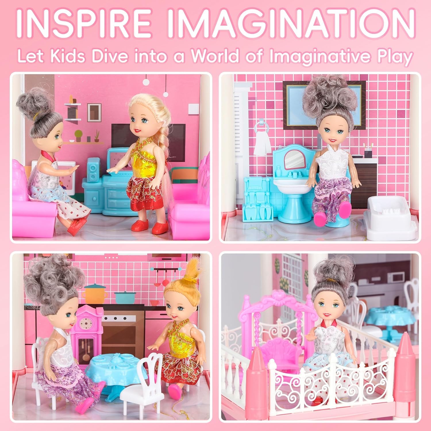 LUYE 4 Stories Dollhouse for Girls 2 3 4 5 6 7 8 Year Old - Huge Doll House w/ 4 Dolls Figure with Furniture, Accessories, LED Light, Princess Dream House Toys Gift for Toddler Kids 3+, Pink