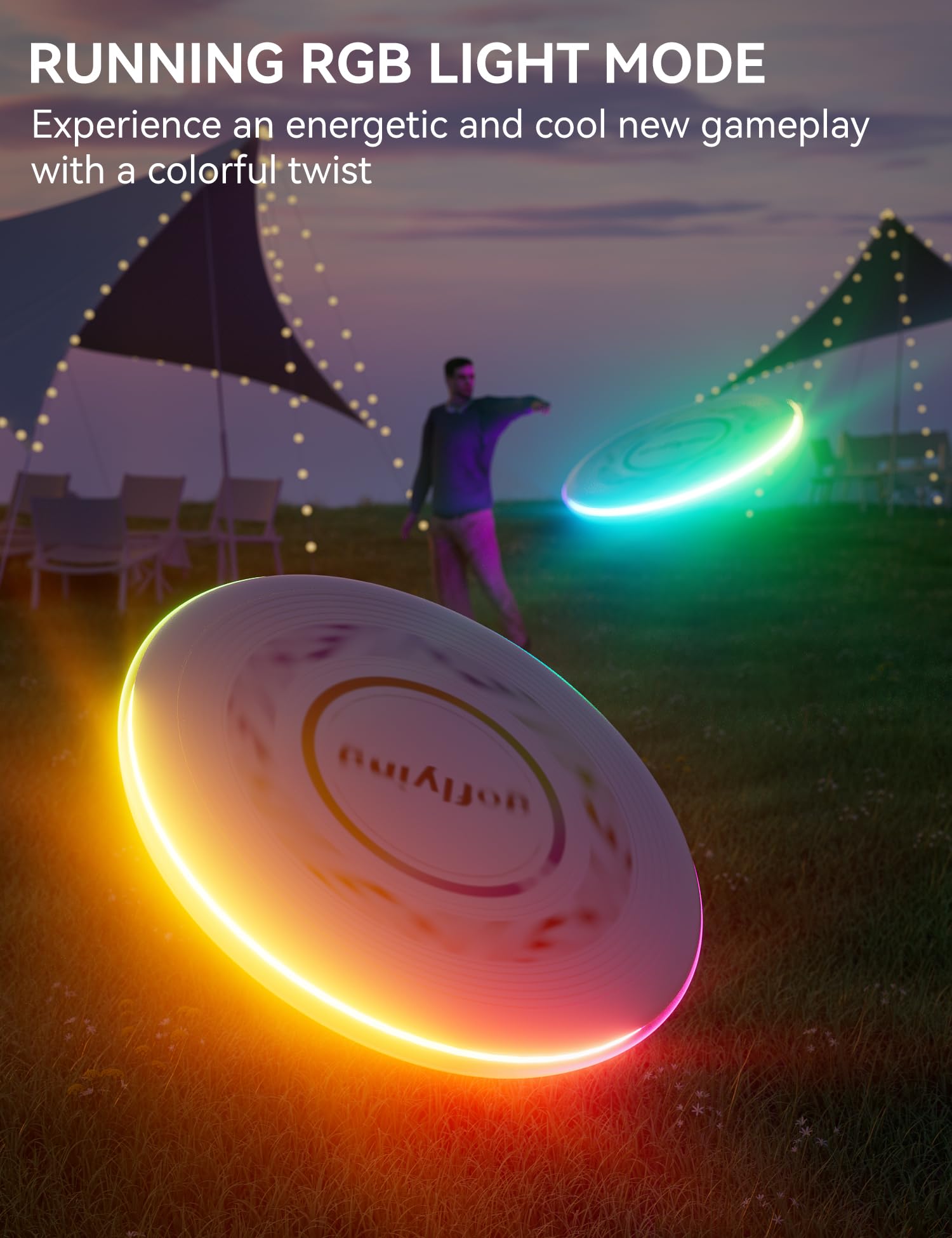 GOFLYING LED Flying Disc, 9 Adjustable Colors, 4 Adjustable Brightness, Rechargeable, 3WORKING Mode, Running RGB Light Mode/Single Color Mode/Competitive Mode - White