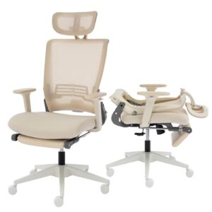 foldable ergonomic office chair with footrest, high back computer chair with 2d headrest, mesh back, sponge seat, adjustable lumbar support, 2d armrest, home office desk chair, cream