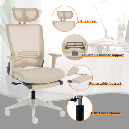 Foldable Ergonomic Office Chair with Footrest, High Back Computer Chair with 2D Headrest, Mesh Back, Sponge Seat, Adjustable Lumbar Support, 2D Armrest, Home Office Desk Chair, Cream