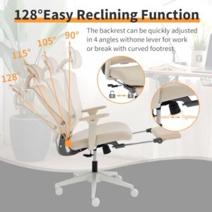 Foldable Ergonomic Office Chair with Footrest, High Back Computer Chair with 2D Headrest, Mesh Back, Sponge Seat, Adjustable Lumbar Support, 2D Armrest, Home Office Desk Chair, Cream