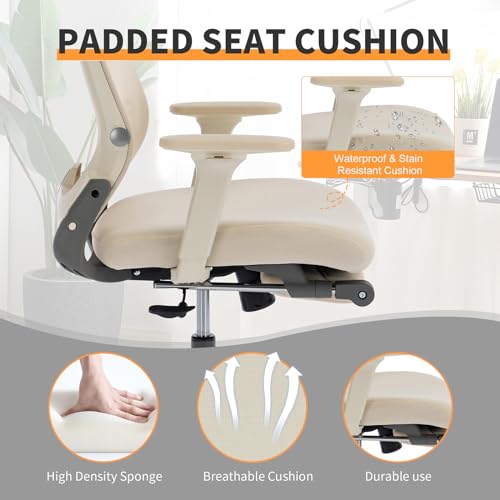 Foldable Ergonomic Office Chair with Footrest, High Back Computer Chair with 2D Headrest, Mesh Back, Sponge Seat, Adjustable Lumbar Support, 2D Armrest, Home Office Desk Chair, Cream