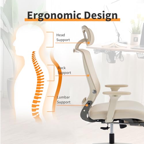 Foldable Ergonomic Office Chair with Footrest, High Back Computer Chair with 2D Headrest, Mesh Back, Sponge Seat, Adjustable Lumbar Support, 2D Armrest, Home Office Desk Chair, Cream