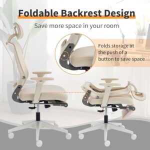 Foldable Ergonomic Office Chair with Footrest, High Back Computer Chair with 2D Headrest, Mesh Back, Sponge Seat, Adjustable Lumbar Support, 2D Armrest, Home Office Desk Chair, Cream