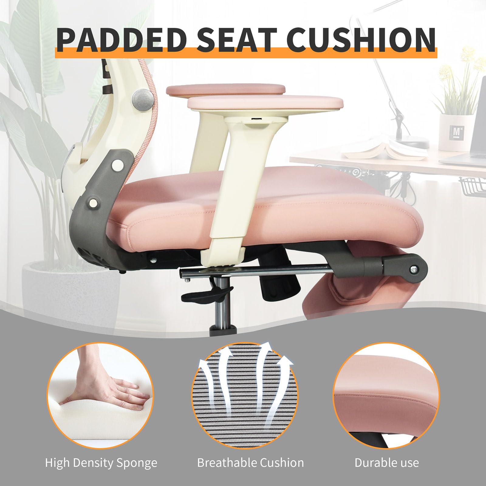 Foldable Ergonomic Office Chair with Footrest, High Back Computer Chair with 2D Headrest, Mesh Back, Sponge Seat, Adjustable Lumbar Support, 2D Armrest, Home Office Desk Chair, Pink