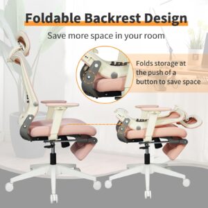 Foldable Ergonomic Office Chair with Footrest, High Back Computer Chair with 2D Headrest, Mesh Back, Sponge Seat, Adjustable Lumbar Support, 2D Armrest, Home Office Desk Chair, Pink