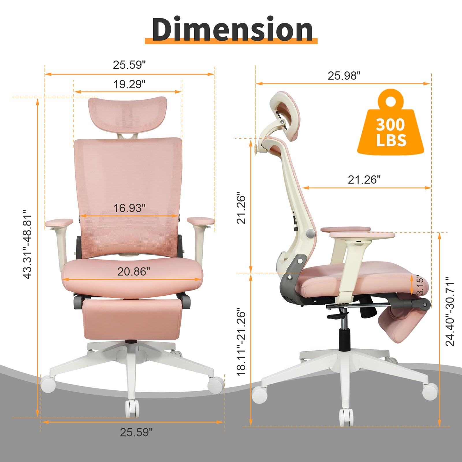 Foldable Ergonomic Office Chair with Footrest, High Back Computer Chair with 2D Headrest, Mesh Back, Sponge Seat, Adjustable Lumbar Support, 2D Armrest, Home Office Desk Chair, Pink