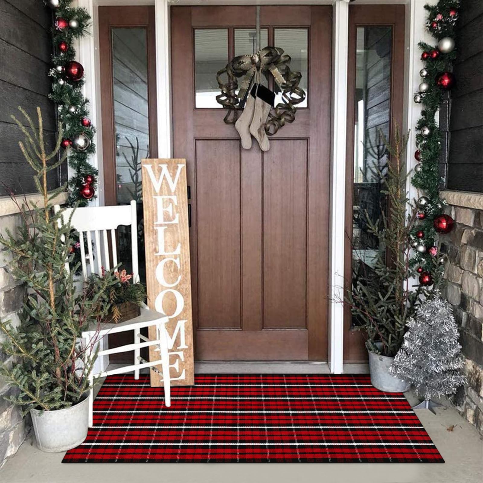 LEEVAN Buffalo Plaid Door Mat 3'x 5', Black and Red Plaid Porch Outdoor Rug, Farmhouse Washable Welcome Mat, Reversible Checkered Rug Cotton Woven Carpet for Front Door/Entryway