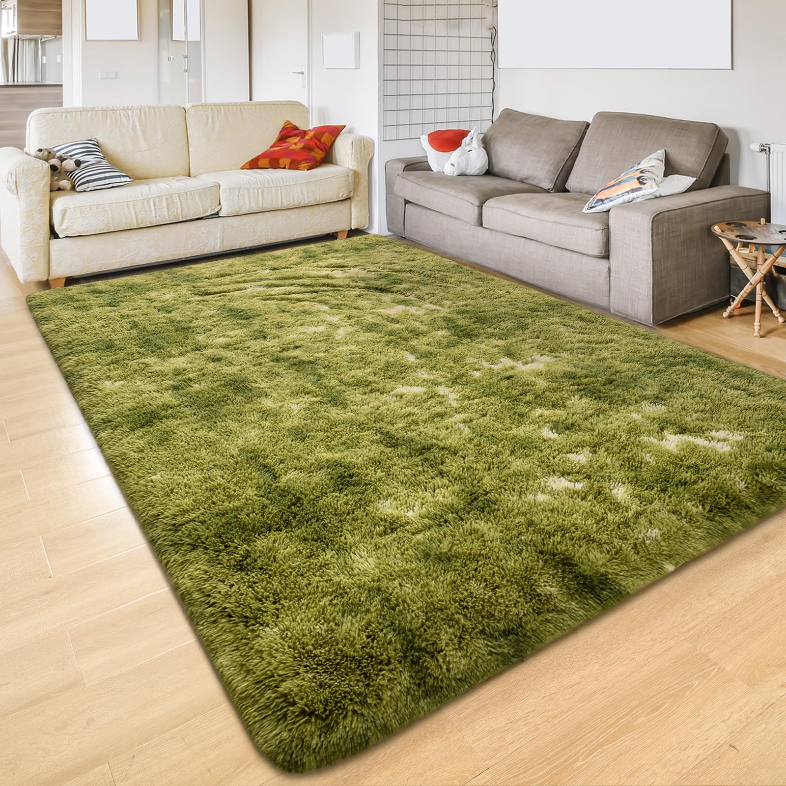 Maxsoft M Fluffy Shag Bedroom Rug, 5x8 Feet Tie-dye Green Area Rugs for Living Room Nursery Bedside, Fuzzy Plush Dorm Rug for Girls Kids, Furry Carpet for Indoor Modern Soft Home Decor