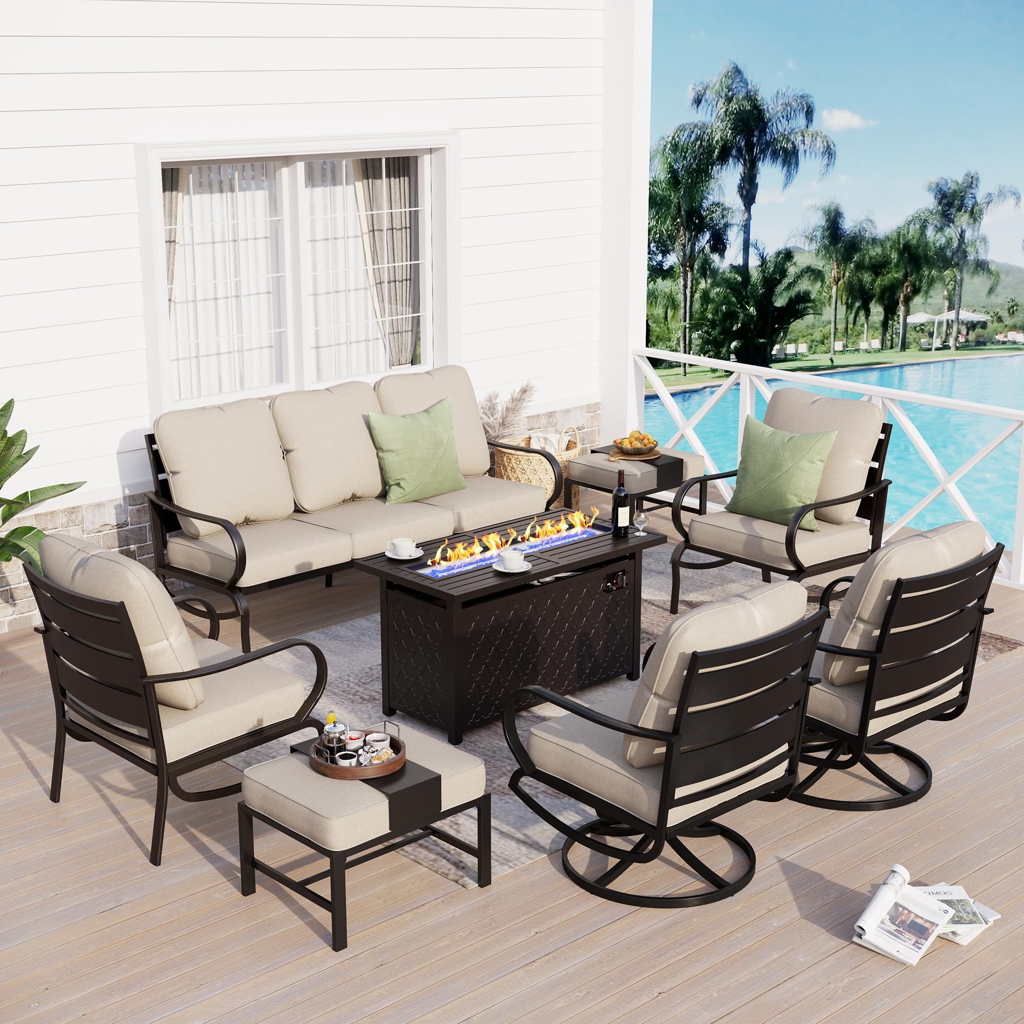 Sophia & William Patio Furniture Sets for 9 with 45" Gas Fire Pit Table Outdoor Conversation Sets 8 Pcs, 2xSofa Chairs, 2xSwivel Cushion Chairs, 1x3-Seat Sofa, 2xOttomans for Porch Poolside Beige