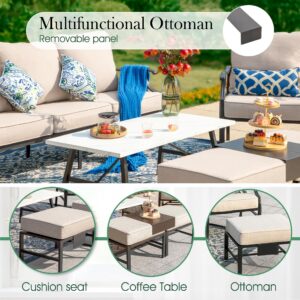 Sophia & William Patio Furniture Sets for 9 with 45" Gas Fire Pit Table Outdoor Conversation Sets 8 Pcs, 2xSofa Chairs, 2xSwivel Cushion Chairs, 1x3-Seat Sofa, 2xOttomans for Porch Poolside Beige