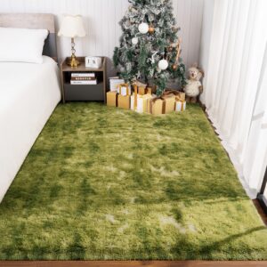 maxsoft m fluffy shag bedroom rug, 4x6 feet tie-dye green area rugs for living room nursery bedside, fuzzy plush dorm rug for girls kids, furry carpet for indoor modern soft home decor