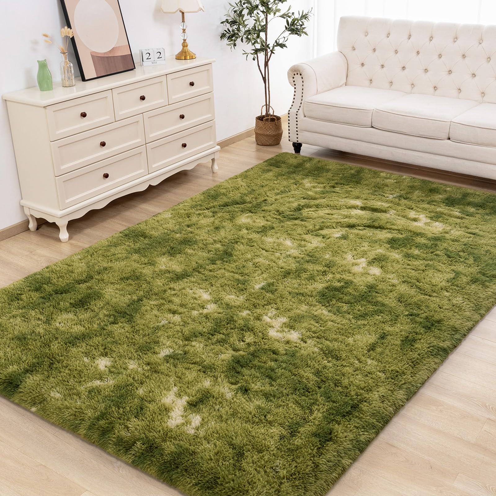 Maxsoft M Fluffy Shag Bedroom Rug, 4x6 Feet Tie-dye Green Area Rugs for Living Room Nursery Bedside, Fuzzy Plush Dorm Rug for Girls Kids, Furry Carpet for Indoor Modern Soft Home Decor