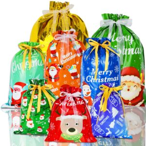 28 pcs christmas drawstring gift bags, santa gift bags wrapping bags with ribbon tie, large medium small sizes, and 8 designs for xmas holiday presents and christmas party supplies