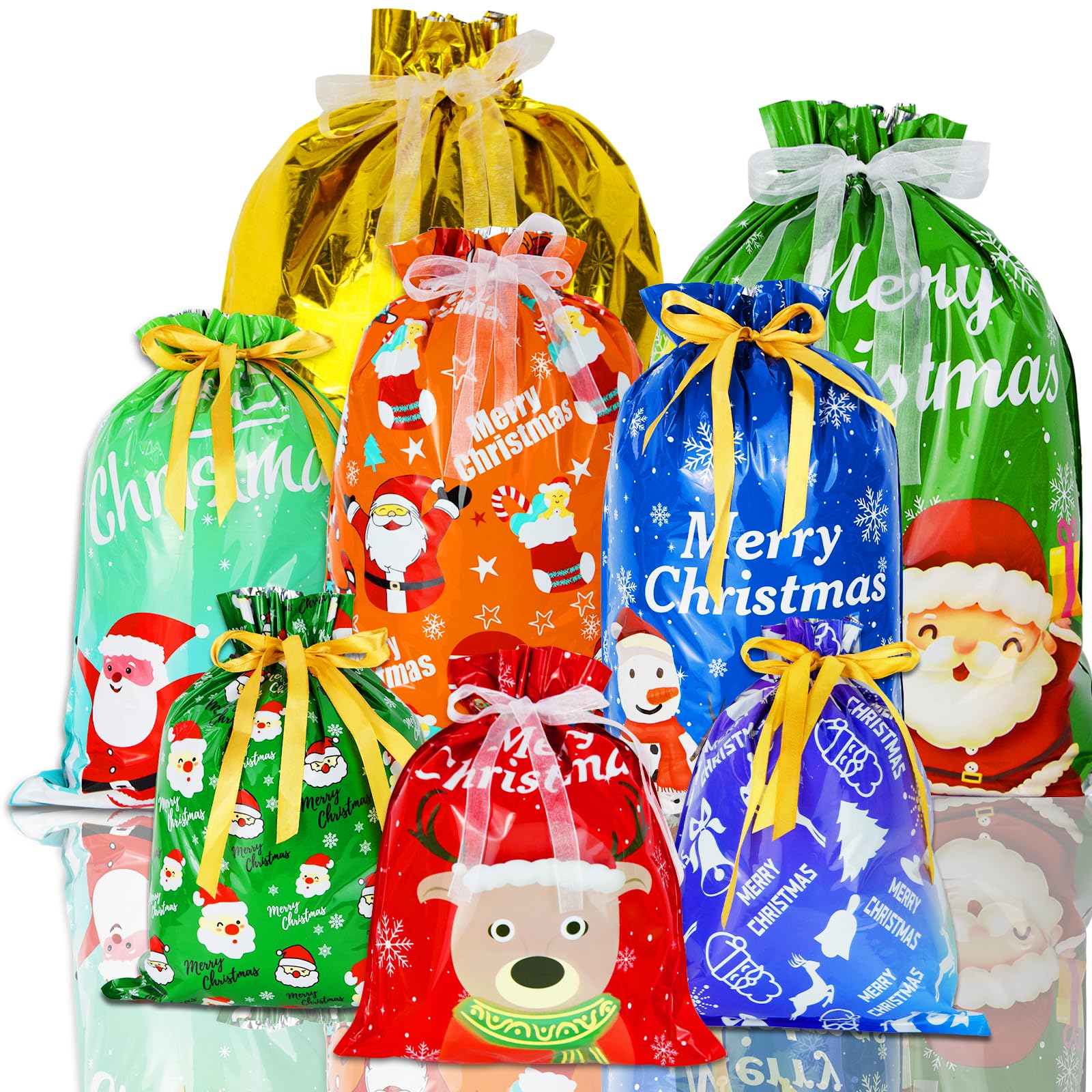 28 PCS Christmas Drawstring Gift Bags, Santa Gift Bags Wrapping Bags with Ribbon Tie, Large Medium Small Sizes, and 8 Designs for Xmas Holiday Presents and Christmas Party Supplies