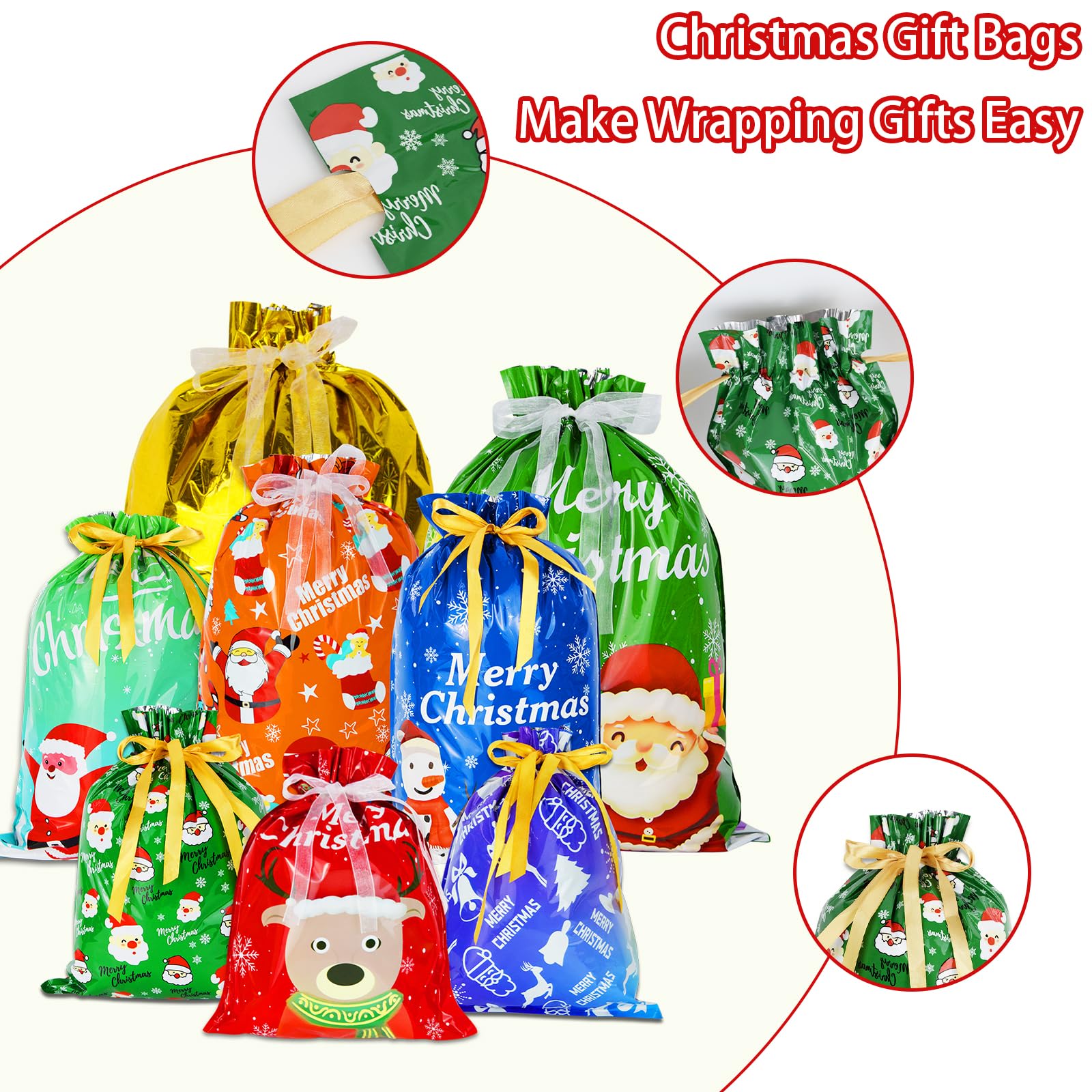 28 PCS Christmas Drawstring Gift Bags, Santa Gift Bags Wrapping Bags with Ribbon Tie, Large Medium Small Sizes, and 8 Designs for Xmas Holiday Presents and Christmas Party Supplies