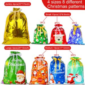 28 PCS Christmas Drawstring Gift Bags, Santa Gift Bags Wrapping Bags with Ribbon Tie, Large Medium Small Sizes, and 8 Designs for Xmas Holiday Presents and Christmas Party Supplies