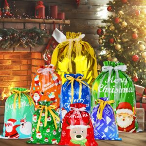 28 PCS Christmas Drawstring Gift Bags, Santa Gift Bags Wrapping Bags with Ribbon Tie, Large Medium Small Sizes, and 8 Designs for Xmas Holiday Presents and Christmas Party Supplies