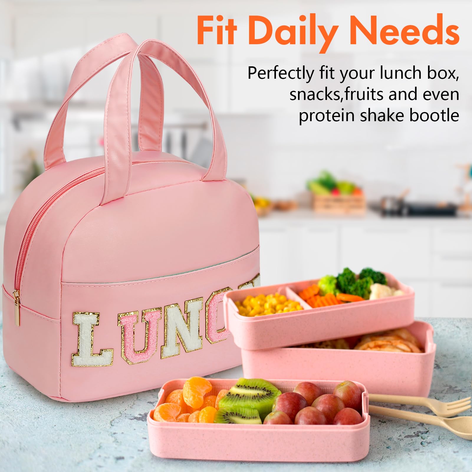 DIRGEE Lunch Bag for Women - Pink, Leather, Unisex, Meal Holder, Waterproof, Insulated, Reusable, Portable, 9.4L Capacity, Cute Chenille Letters Design