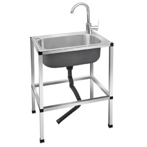 Freestanding Kitchen Sink, Commercial Restaurant Utility Sink Set, Stainless Steel Single Bowl Kitchen Sink, with Faucet (Size : 60x45cm/23.6x17.7in)