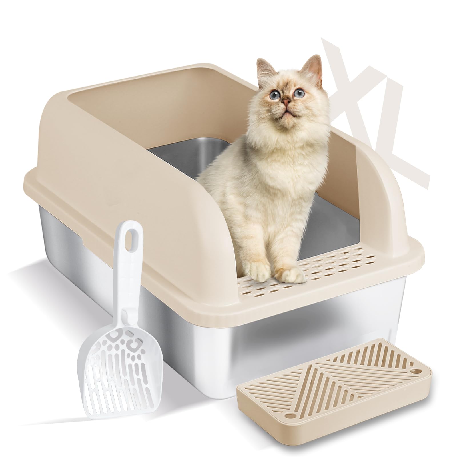 Chenove Extra Large Stainless Steel Cat Litter Box with High Wall Enclosed XL Cat Litter Box for Big & Multiple Cats steel litter box with Lid, Easy Clean, Anti-leakage, Non-Sticky