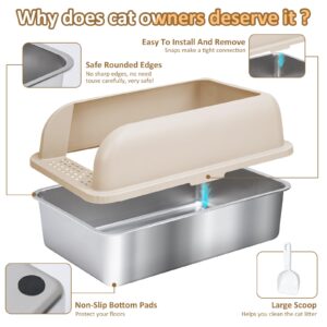 Chenove Extra Large Stainless Steel Cat Litter Box with High Wall Enclosed XL Cat Litter Box for Big & Multiple Cats steel litter box with Lid, Easy Clean, Anti-leakage, Non-Sticky