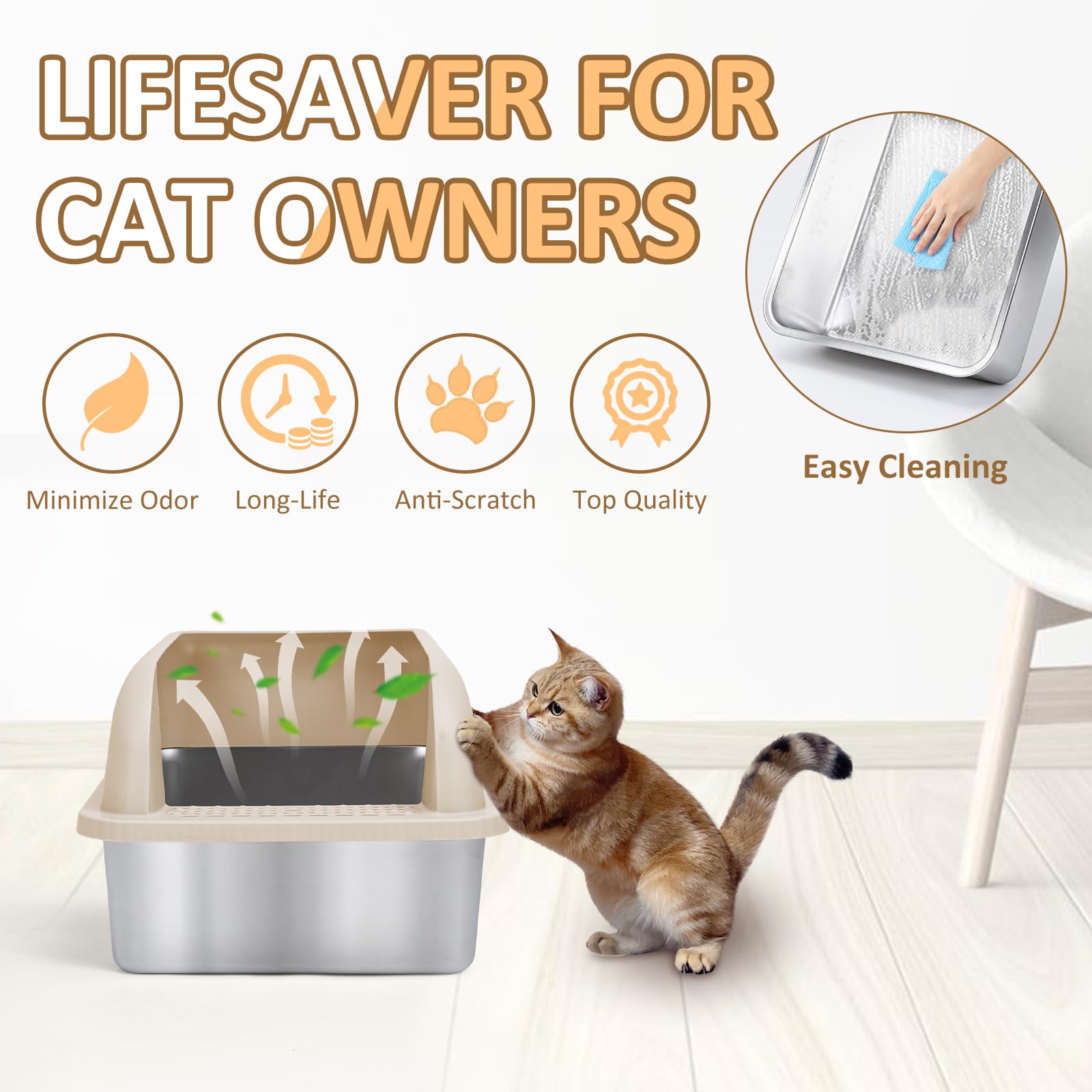 Chenove Extra Large Stainless Steel Cat Litter Box with High Wall Enclosed XL Cat Litter Box for Big & Multiple Cats steel litter box with Lid, Easy Clean, Anti-leakage, Non-Sticky