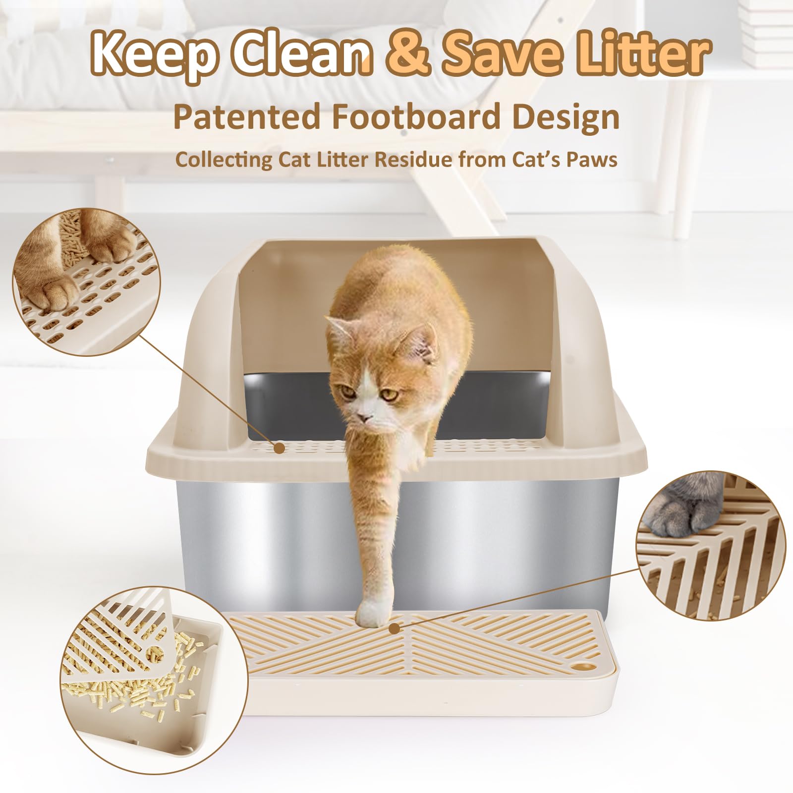 Chenove Extra Large Stainless Steel Cat Litter Box with High Wall Enclosed XL Cat Litter Box for Big & Multiple Cats steel litter box with Lid, Easy Clean, Anti-leakage, Non-Sticky