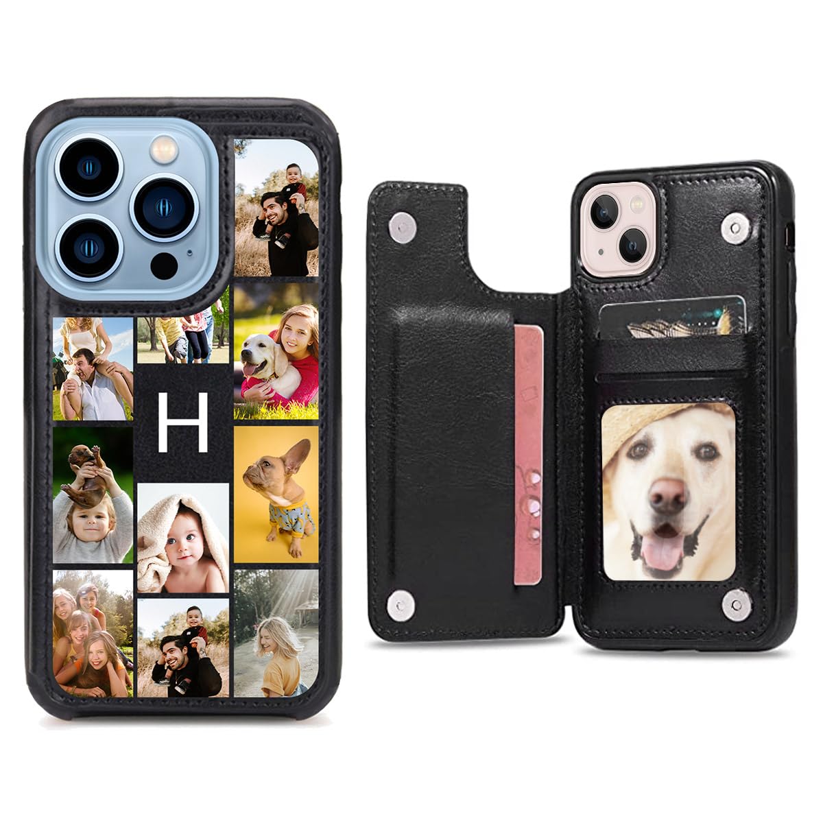 Design Card Wallet Phone Case for Apple iPhone 15 14 Pro Max Plus 13 Mini 12 11 XR XS X 8 7 SE 2022 Collage with Picture Photo Image Initial, Custom Leather iP Phone Cover ID Holder Magnet Button