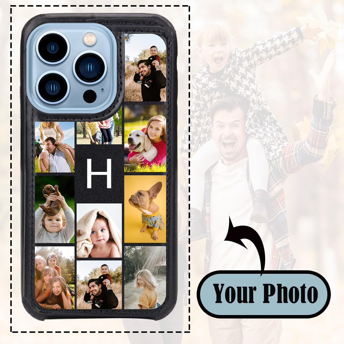 Design Card Wallet Phone Case for Apple iPhone 15 14 Pro Max Plus 13 Mini 12 11 XR XS X 8 7 SE 2022 Collage with Picture Photo Image Initial, Custom Leather iP Phone Cover ID Holder Magnet Button