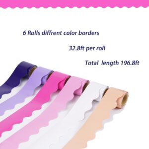 6 Rolls Colorful Bulletin Board Borders, 196.8 ft Scalloped Borders Trim for Classroom Bulletin Board, White Board, Cork Board (Color A)