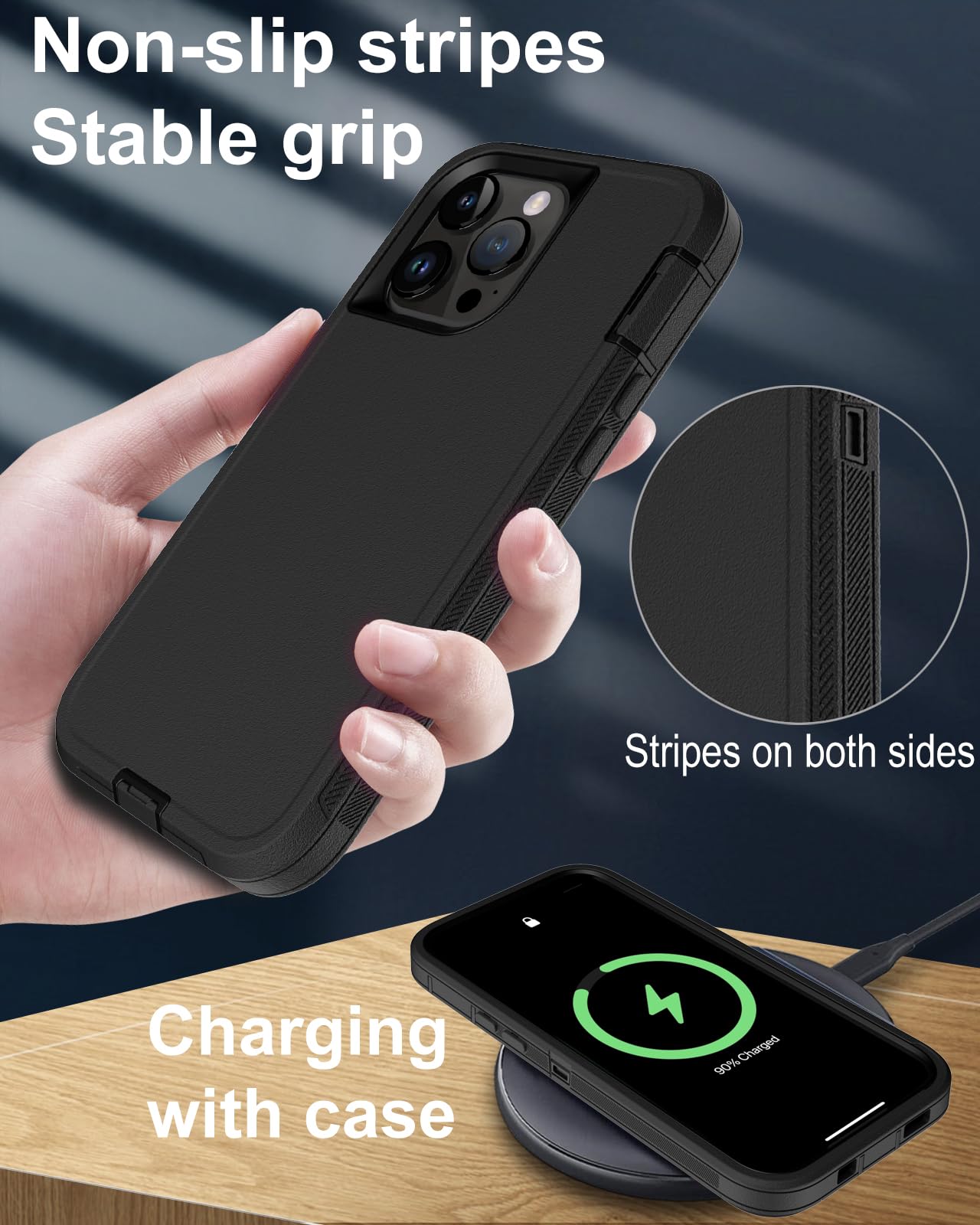 Aliruke for iPhone 13 Pro Max Case, with Screen Protector, Dust-Proof Port Cover, Full-Body Non-Slip Silicone Rubber Covered, Military Grade Drop-Proof Shockproof Phone Case, Black/Black