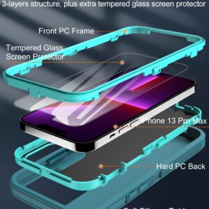 Aliruke for iPhone 13 Pro Max Case, with Screen Protector, Dust-Proof Port Cover, Full-Body Non-Slip Silicone Rubber Covered, Military Grade Drop-Proof Shockproof Phone Case, Mint/Teal