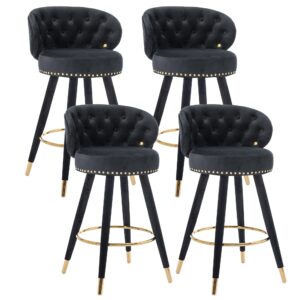 GNIXUU Velvet Bar Stools Set of 4, 360 Degree Swivel Counter Stools with Back, Modern Tufted Upholstered Counter Height Bar Stools, 28 Inch Kitchen Island Bar Chair, Solid Wood Legs(Black)