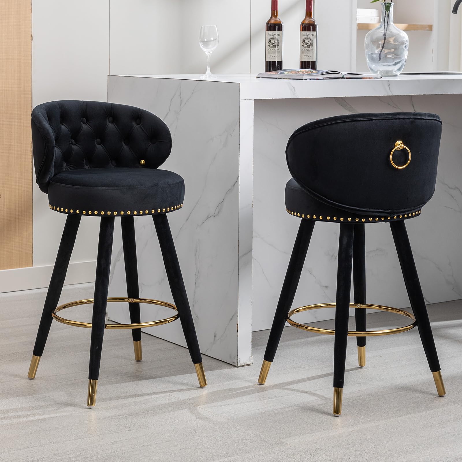 GNIXUU Velvet Bar Stools Set of 4, 360 Degree Swivel Counter Stools with Back, Modern Tufted Upholstered Counter Height Bar Stools, 28 Inch Kitchen Island Bar Chair, Solid Wood Legs(Black)