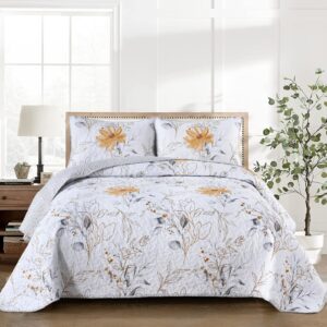 Yiran Floral Quilt Set Queen Grey Botanical Bedspread 3 Pieces Reversible Bedding Quilt Soft Microfiber Rustic Coverlet Sets with 2 Pillow Shams