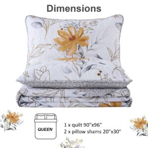 Yiran Floral Quilt Set Queen Grey Botanical Bedspread 3 Pieces Reversible Bedding Quilt Soft Microfiber Rustic Coverlet Sets with 2 Pillow Shams