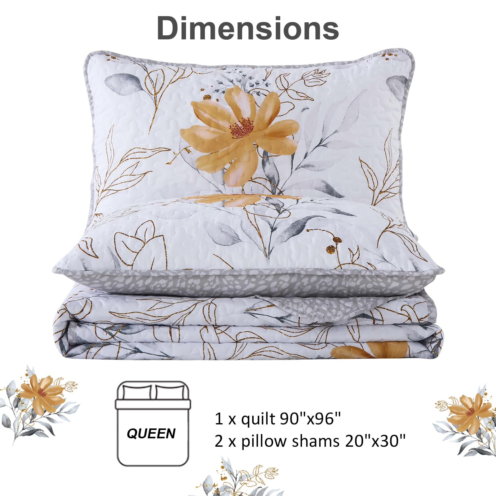 Yiran Floral Quilt Set Queen Grey Botanical Bedspread 3 Pieces Reversible Bedding Quilt Soft Microfiber Rustic Coverlet Sets with 2 Pillow Shams