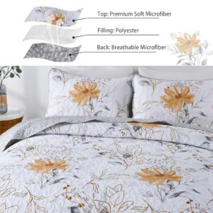 Yiran Floral Quilt Set Queen Grey Botanical Bedspread 3 Pieces Reversible Bedding Quilt Soft Microfiber Rustic Coverlet Sets with 2 Pillow Shams