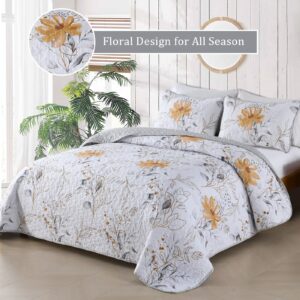 Yiran Floral Quilt Set Queen Grey Botanical Bedspread 3 Pieces Reversible Bedding Quilt Soft Microfiber Rustic Coverlet Sets with 2 Pillow Shams