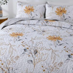 Yiran Floral Quilt Set Queen Grey Botanical Bedspread 3 Pieces Reversible Bedding Quilt Soft Microfiber Rustic Coverlet Sets with 2 Pillow Shams