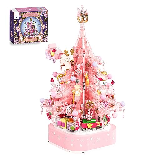 YILETKC Pink Crystal Christmas Tree Building Block Set, 675 PCS Christmas Music Box Bricks Model Kit, Construction Toy for Adults Girls