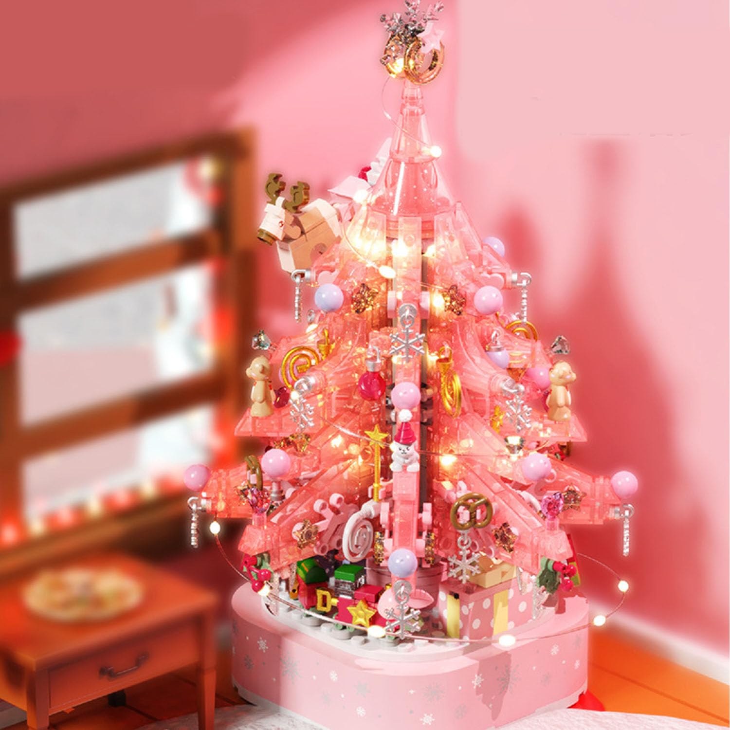 YILETKC Pink Crystal Christmas Tree Building Block Set, 675 PCS Christmas Music Box Bricks Model Kit, Construction Toy for Adults Girls